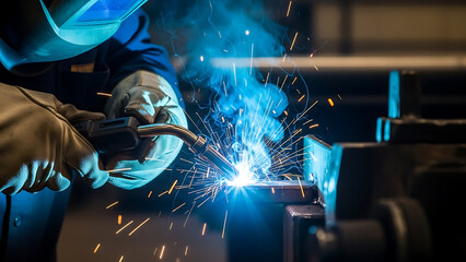Intense Welding Action, Skilled Technician, Industrial Workshop, Photography, Dynamic Environment, Close-up View, Metalworking Process