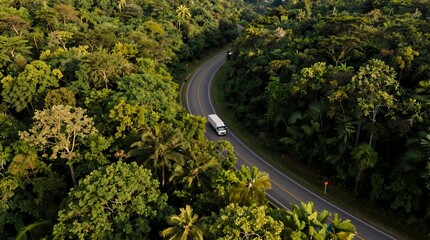 Drone view of a winding tropical highway through dense green rainforest