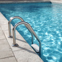 Sunny swimming pool with clear water and metal ladder.
