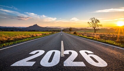 White "2026" painted on long road stretching into sunrise with grassy fields, trees, and distant mountain.
