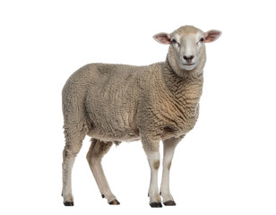 Fototapeta premium Sheep with thick woolly coat standing against white background