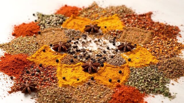 A vibrant, aromatic collection of diverse culinary spices and dried herbs, artfully arranged to display rich colors and textures, perfect for global cuisine and gourmet meals
