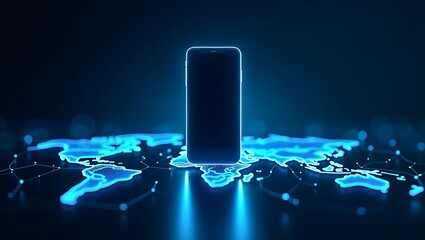 A smartphone connects to the global network represented by a glowing world map