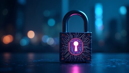 A conceptual image illustrating digital security and data protection with a circuit board padlock