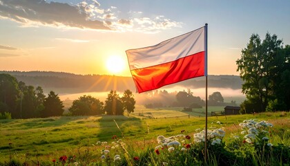 Polish flag waving in foreground over misty countryside at sunrise with rolling green fields and golden light.
