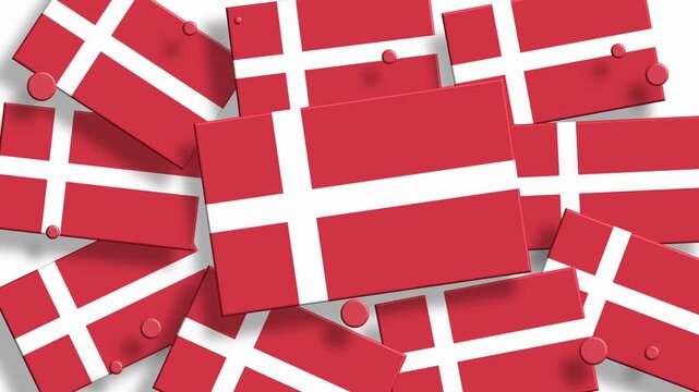 Denmark flags scattered on red background 3d motion graphics