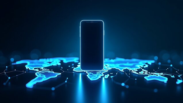 A smartphone connects to the global network represented by a glowing world map - Powered by Adobe