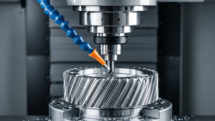 Precision Machining Process, Gear Component, Industrial Workshop, Photography, High-Tech Environment, Close-Up View, Engineering Excellence