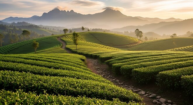 Lush Green Tea Plantations in the Hills of West Java, Indonesia.