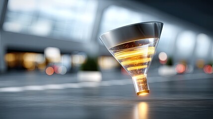 Futuristic metallic funnel with swirling liquid in a bright modern setting capturing the essence of innovation and design