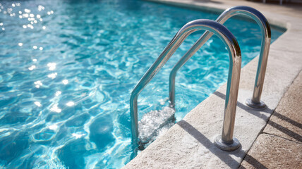 Poolside ladder entering clear, sunlit swimming pool water.