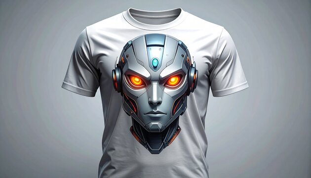 A high-resolution 3D mockup of a plain white t-shirt featuring an original anime-style robot design on a gray background