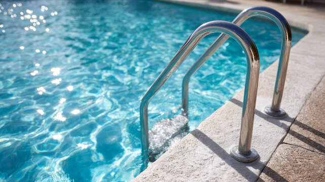 Poolside ladder entering clear, sunlit swimming pool water. - Powered by Adobe