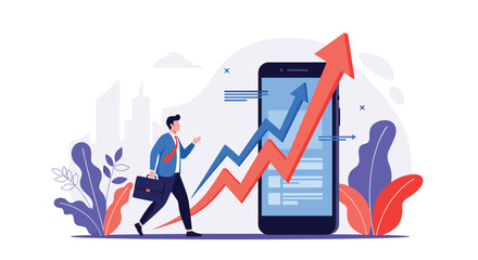 Motivated businessman carrying briefcase running next to a giant smartphone displaying positive financial growth arrows.