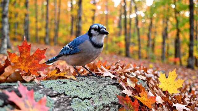 A blue jay perched on a mossy stone surrounded by vibrant autumn leaves in a forest