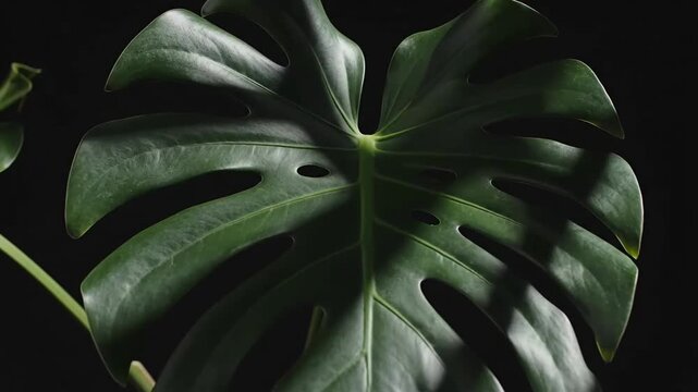 Monstera Deliciosa Leaf Arrangement On Black Background With Shadow Play