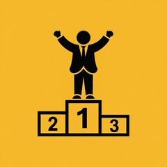 Businessman celebrating victory on podium with arms raised high