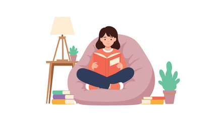 Fototapeta premium Relaxed young woman sitting comfortably in a large pink bean bag chair while reading an interesting book in a cozy room.
