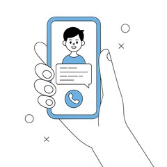 Hand holding smartphone with cartoon person on screen