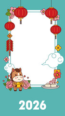 Fototapeta premium Happy Chinese New Year 2026 Vector Greeting Card with Cute Horse and Festive Decorations