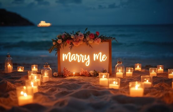 Beach proposal with marry me neon sign. Candles and flowers lit on sand by ocean waves at dusk. Romantic surprise event setup for wedding engagement. Couple awaits question.