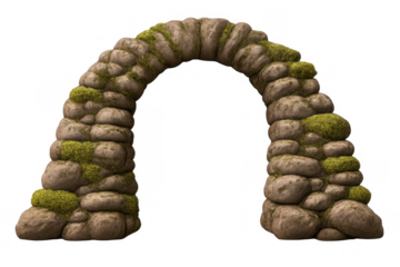 Old rustic stone archway creating an entrance, covered with green moss, isolated on transparent background, fantasy gateway element