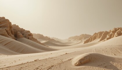 Endless wind-sculpted sand valleys under soft golden sky at serene desert dawn
