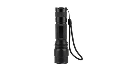 Black Metal LED Flashlight with Wrist Strap isolated PNG with Transparent Background