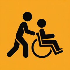 Caregiver assisting person in wheelchair on orange background
