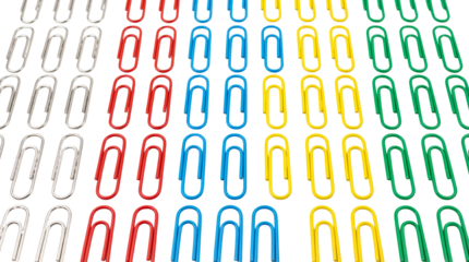 Rows of colorful metal paper clips isolated PNG with Transparent Background