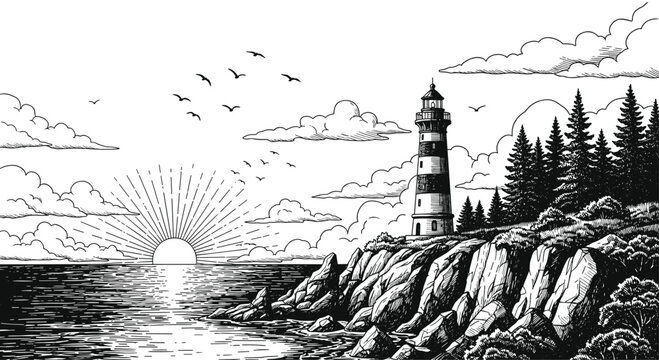 Detailed black and white engraving of a lighthouse on a rocky cliff overlooking the ocean at sunrise with birds in the sky.
