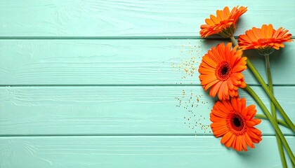Vibrant orange gerbera daisies beautifully arranged on a pastel mint wooden surface
