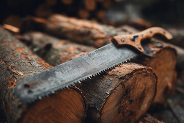 Hand saw resting on wooden logs in a rustic setting during the daytime in a work area focused on wood processing and timber preparation