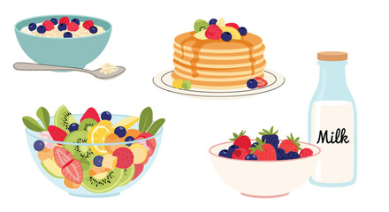 Assortment of healthy breakfast options including berry pancakes, fruit salad, oatmeal, and a bottle of fresh milk.