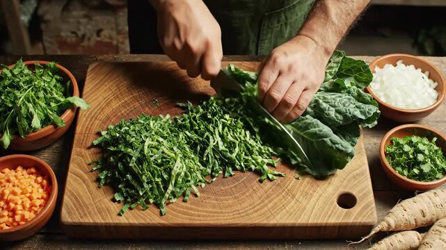 Nutritious Meal Preparation Featuring Fresh Greens And Root Vegetables On A Rustic Wooden Surface