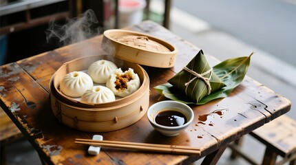 Steaming bamboo baskets of savory bao and leaf wrapped sticky rice on a rustic table