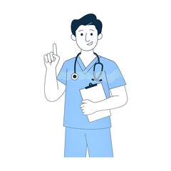 Smiling male nurse in blue scrubs holding clipboard and pointing up