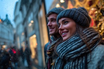 A couple happy shopping for Christmas outside on a winter street in a city. They are in front of a store window in Vienna, Austria.