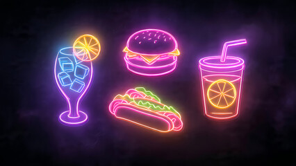 Vibrant neon signs of food and drinks in a dark background © Yosi