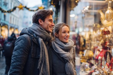 A couple happy shopping for Christmas outside on a winter street in a city. They are in front of a store window in Vienna, Austria.