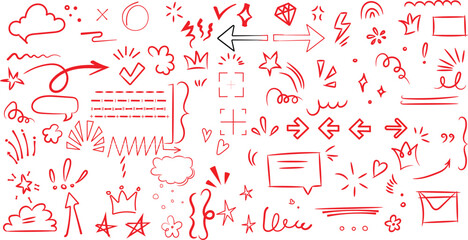 Collection of hand drawn red doodle arrows highlights abstract shapes borders and various decorative design elements for annotation.