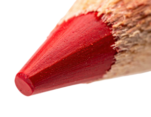 Close-up of red sharpened writing tool against a black background, with visible wood detail