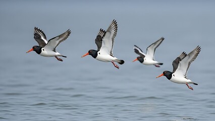 Fototapeta premium Three Eurasian oystercatchers with bright orange bills fly in formation against a soft grey overcast coastal sky background.