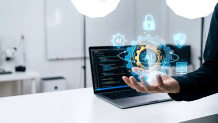 Human hand showing Artificial Intelligence AI technology with data and cybersecurity icons