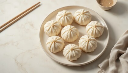 Artfully arranged steamed bao buns on a ceramic plate with chopsticks and dipping sauce