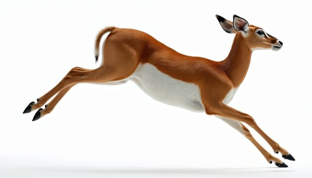 Graceful impala leaps across white background. This swift antelope shows agility and speed in motion. Wild mammal pauses mid-air, perfect for nature or safari themes.