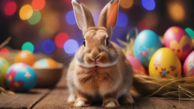 A cute bunny and colorfully painted eggs as symbols of Easter