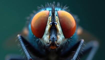 Macro photo of fly. Big orange compound eyes with blue body. Insect head with many small lenses. Detailed fly anatomy shown in extreme close up.