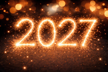 glowing 2027 new year celebration created with sparkling golden light trails and festive bokeh background symbolizing hope, celebration, and the arrival of a bright future