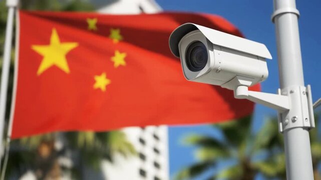 Flag of China and a surveillance camera. Symbolic video for Chinese video surveillance.